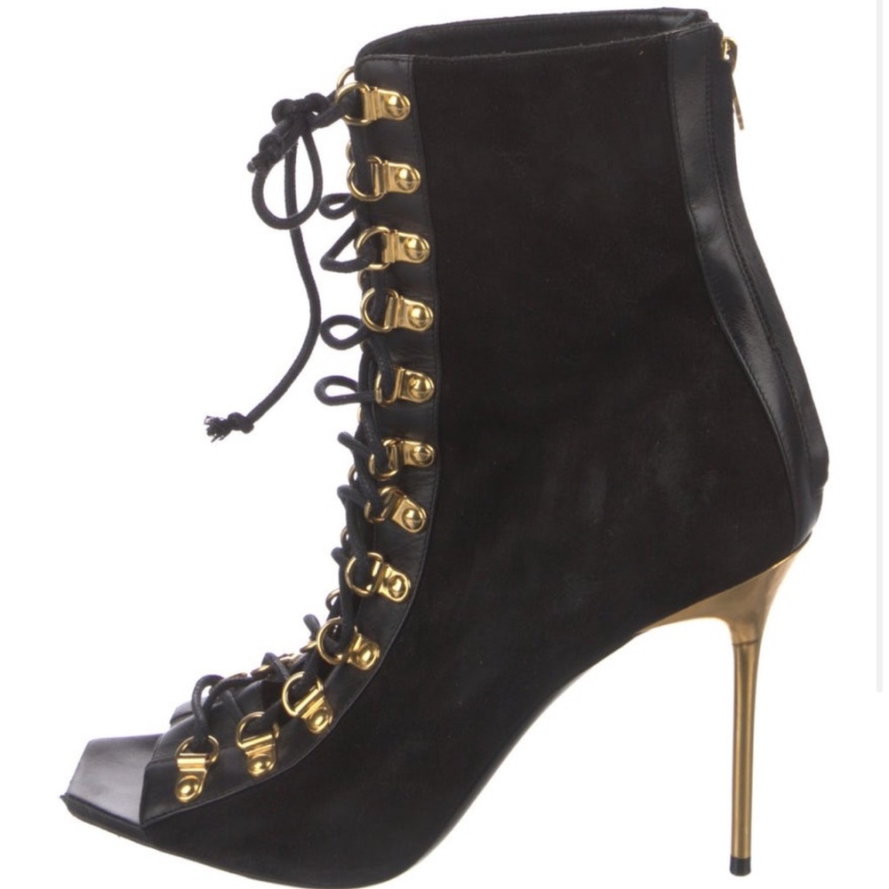 Balmain Black Lace-Up Boots with Gold Details